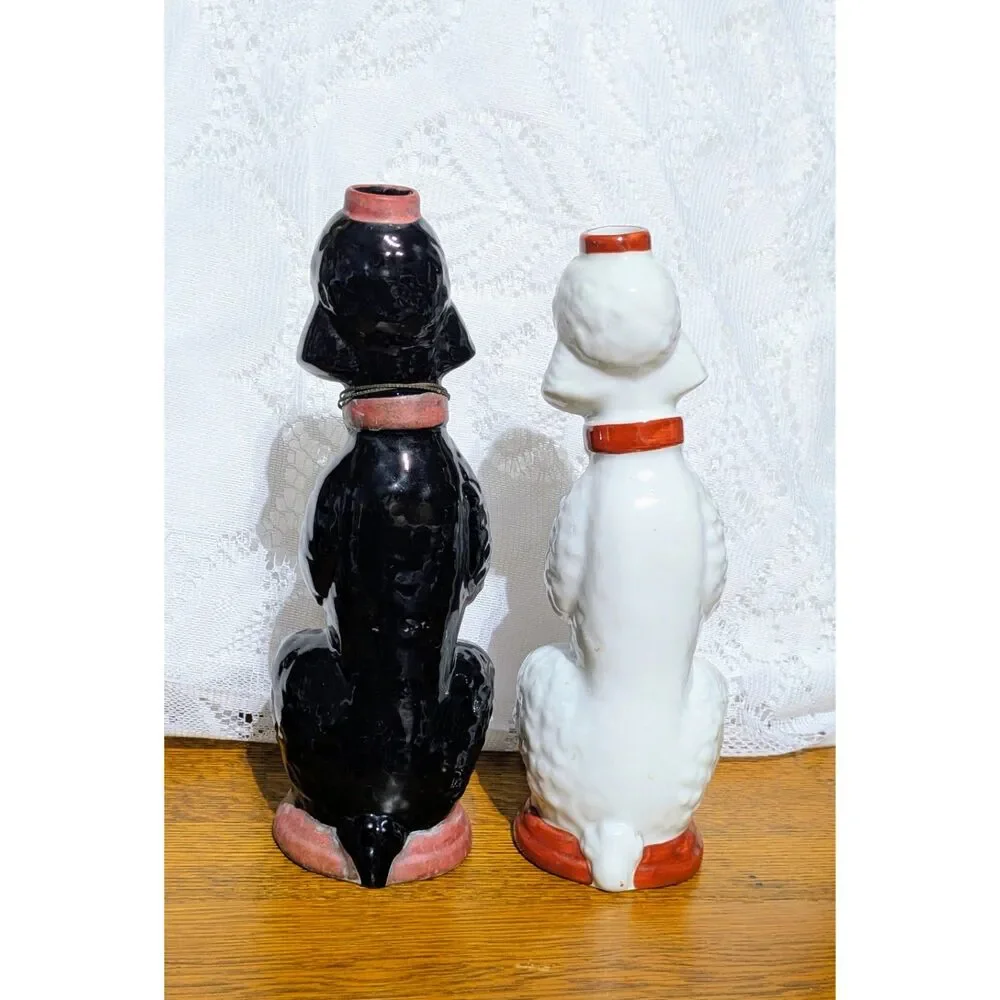 Vintage Garnier France Poodle Decanters Pair Black White Mid Century Barware